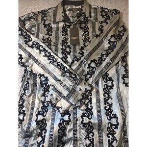Nwt Pavini Men's Shirt M Black And Silver  Snapbutton Velvour Long Sleeve